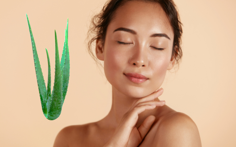 woman with eyes closed, aloe vera on left