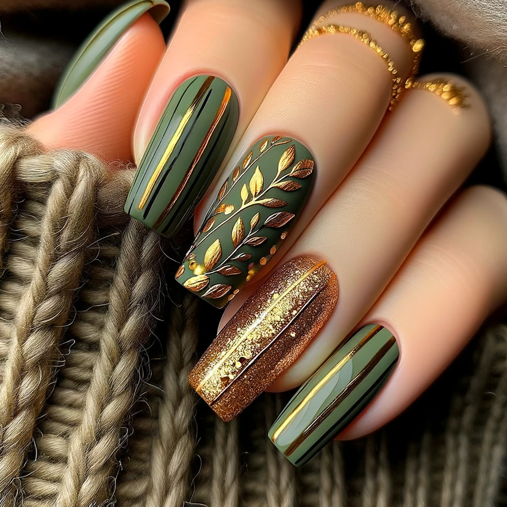 Olive and Gold Twist nails