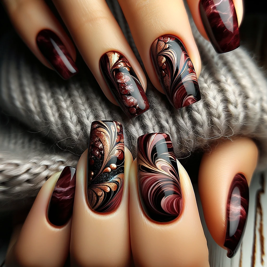 Maroon Marble nails