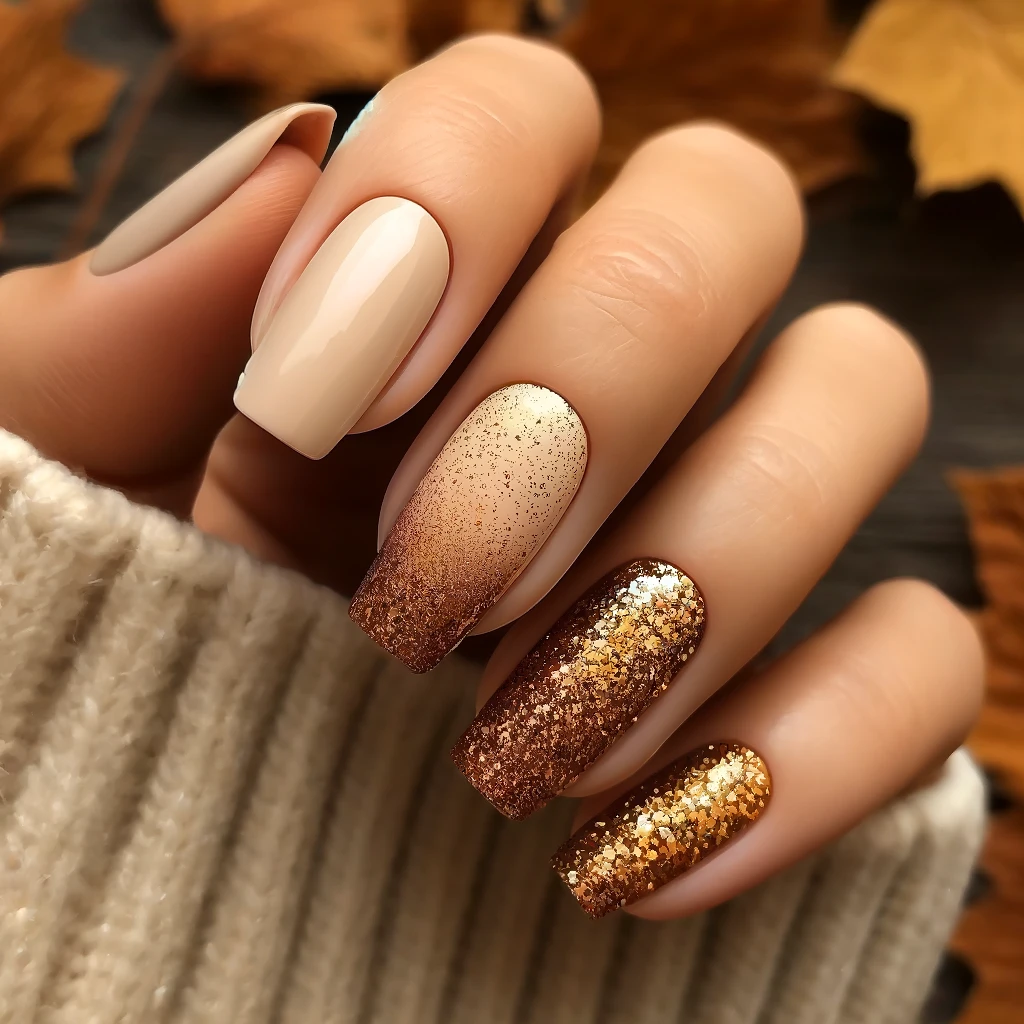 Golden Glitter Gradient nails