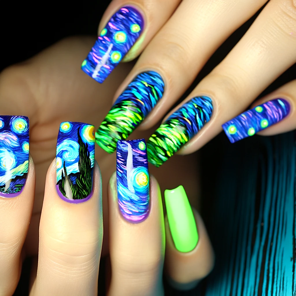 Neon Starry Night nails