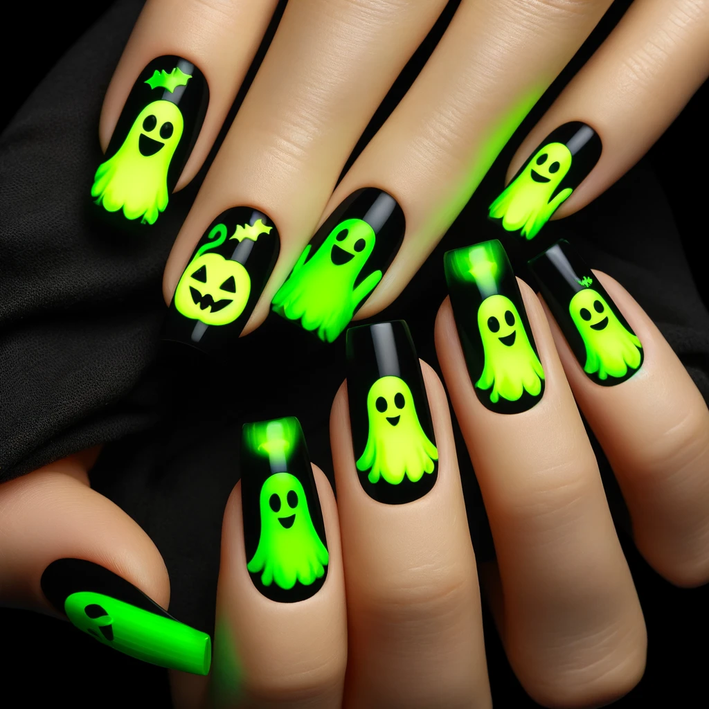 Halloween Neon Ghosts nails