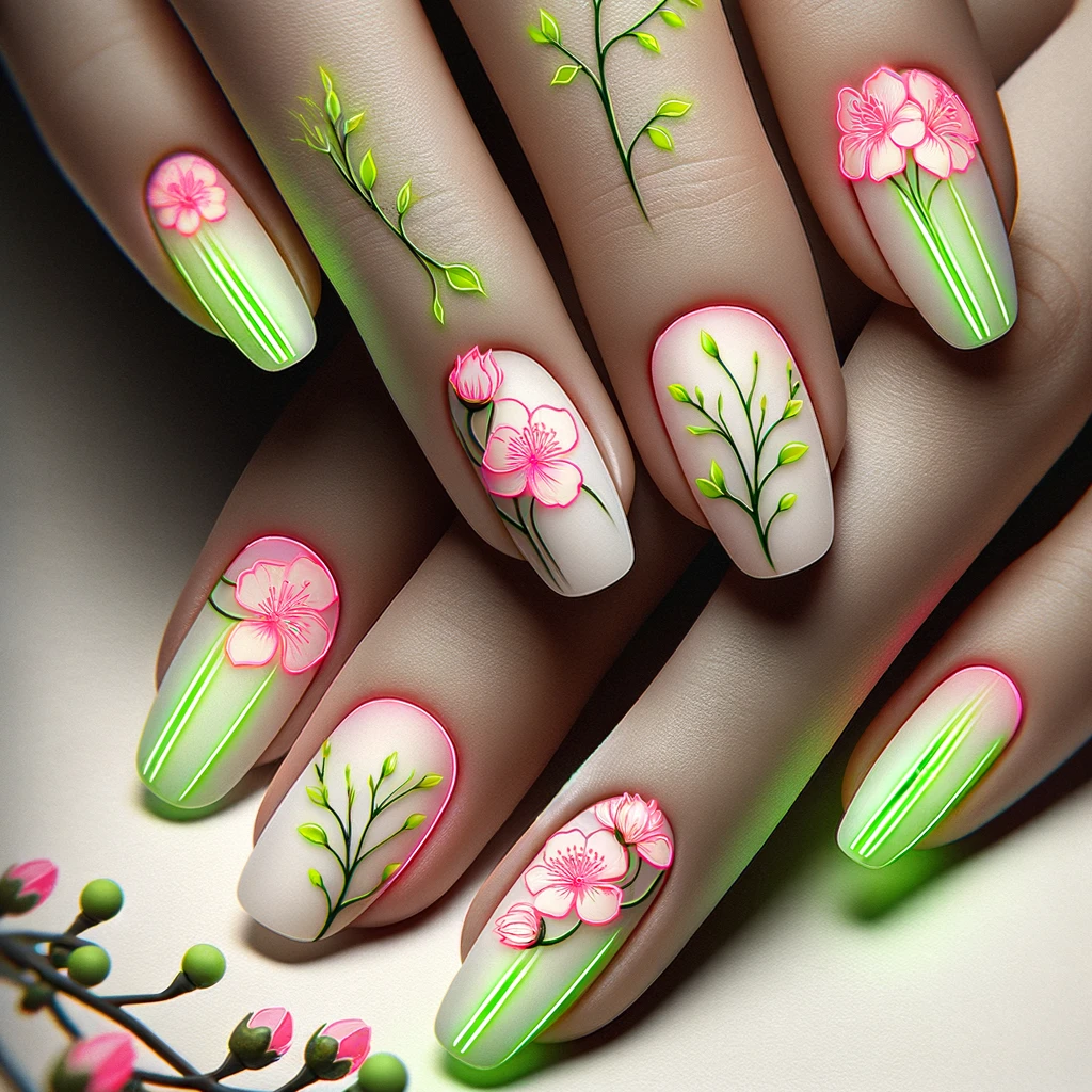 Neon Spring Blossoms nails