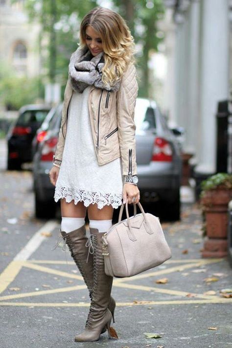 Lace Dress Paired with a Quilted Jacket and Knee-High Boots