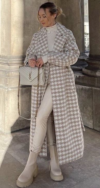 Monochrome Elegance: Houndstooth Coat with Coordinated Neutrals