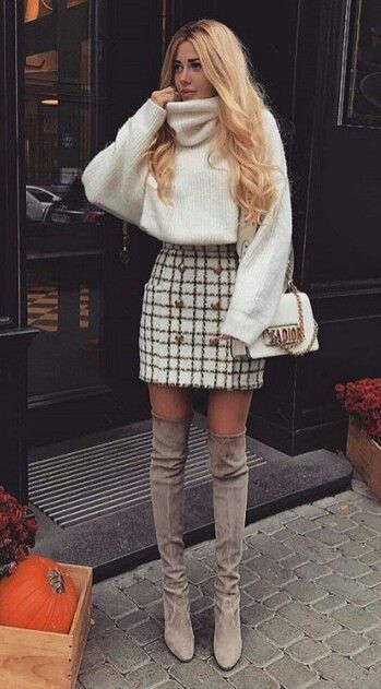 Cozy Glam: Turtleneck Sweater with Plaid Skirt and Over-the-Knee Boots