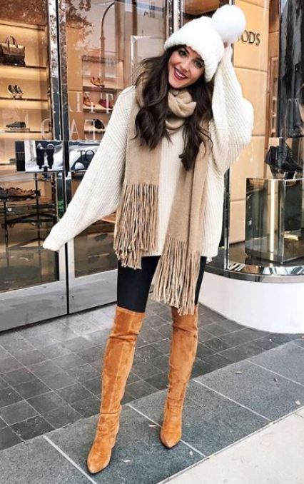 Oversized Sweater with Knee-High Boots and Winter Accessories