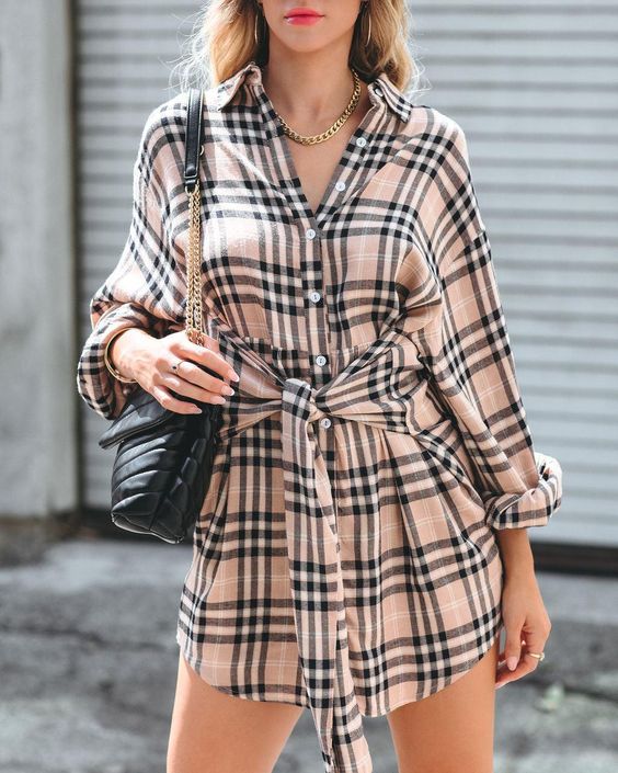 Long Sleeve Plaid Shirt Dress