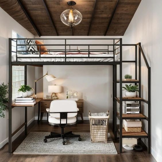 Artsy Full Size Metal Loft Bed with Desk and Metal Grid, Stylish Metal Frame Bed with Lateral Storage Ladder and Wardrobe