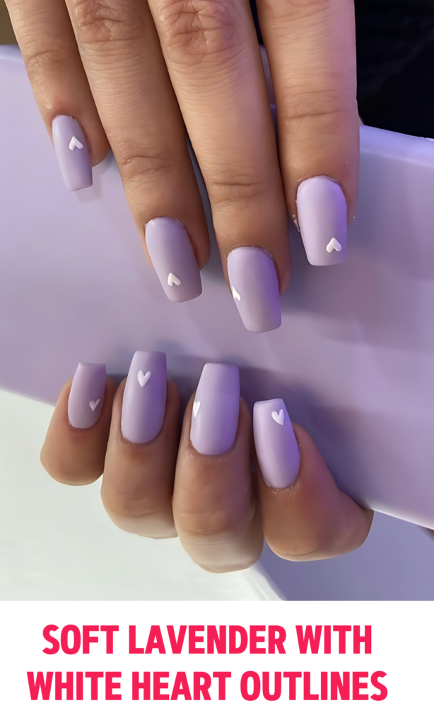 Soft Lavender Nails with White Heart Outlines