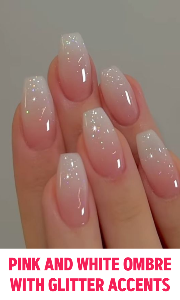 Pink and White Ombre with Glitter Accents Nails