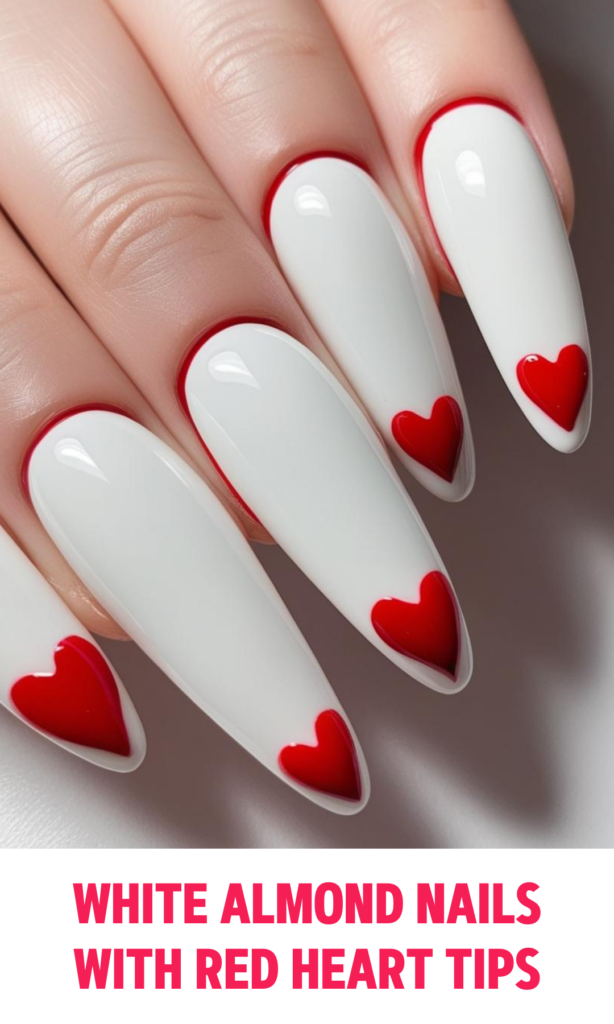 White Almond Nails with Red Heart Tips