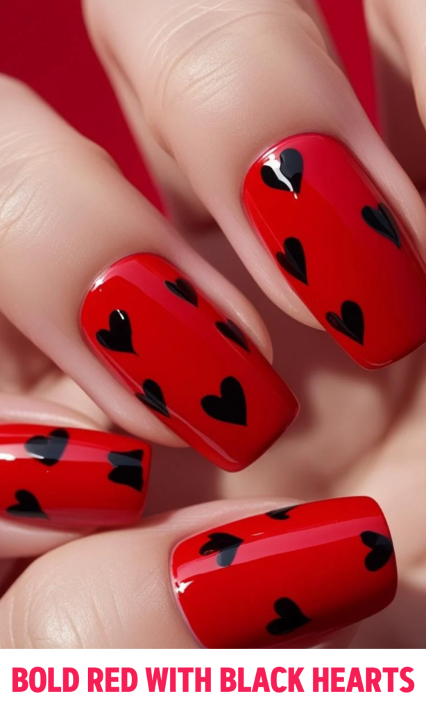 Bold Red with Black Hearts Nails