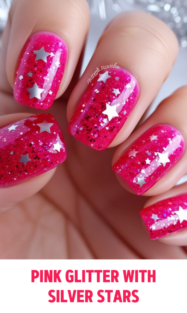 Pink Glitter with Silver Stars Nails