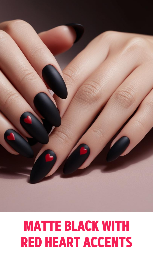 Matte Black Nails with Red Heart Accents