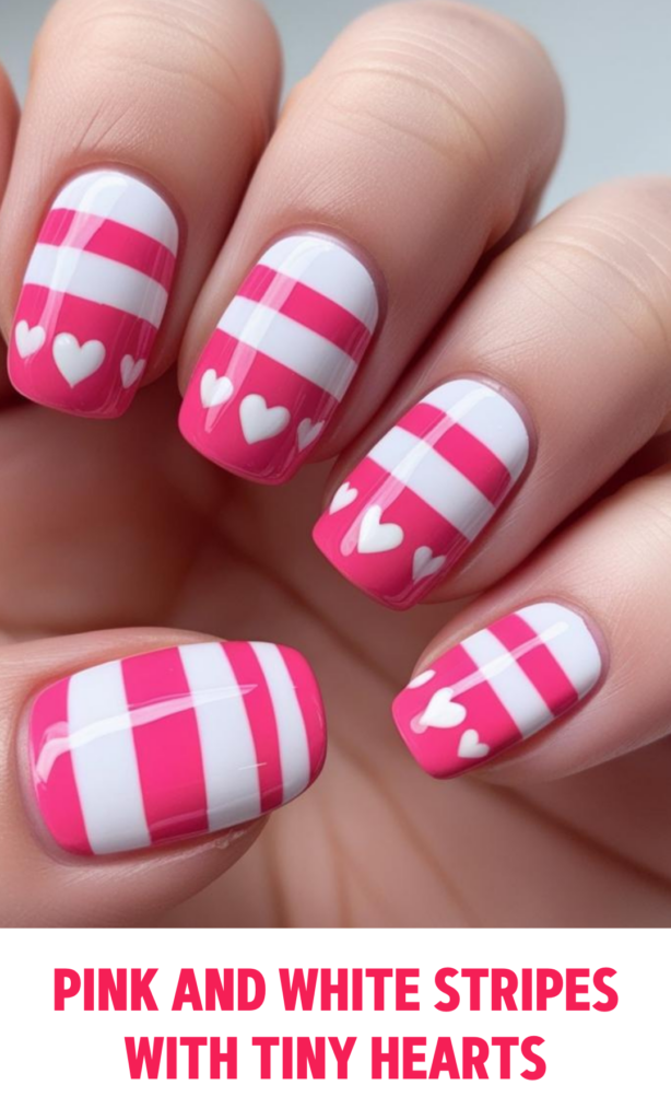 Pink and White Stripes with Tiny Hearts Nails