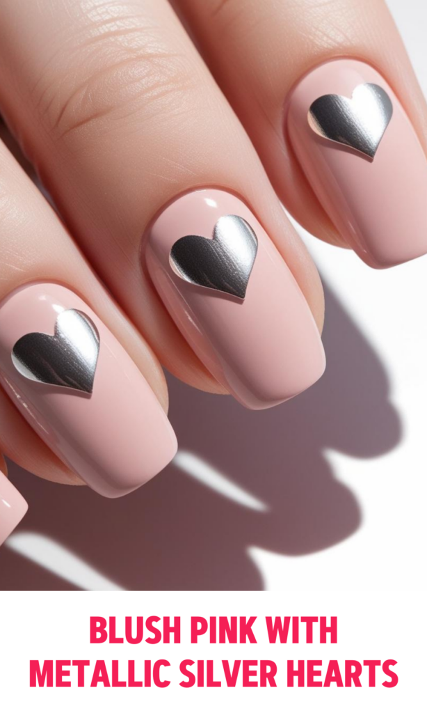 Blush Pink Nails with Metallic Silver Hearts