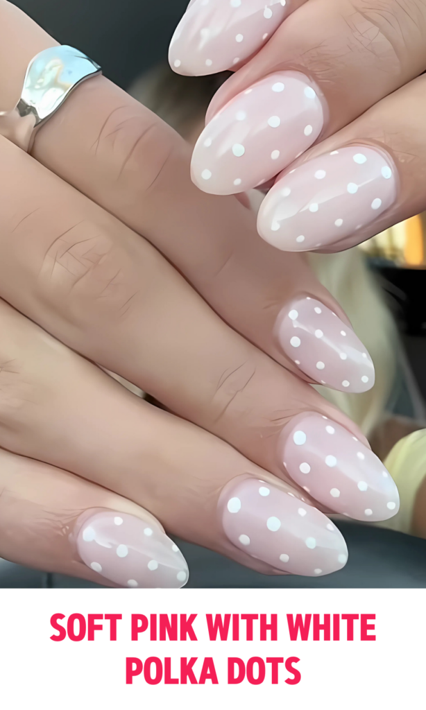 Soft Pink Nails with White Polka Dots