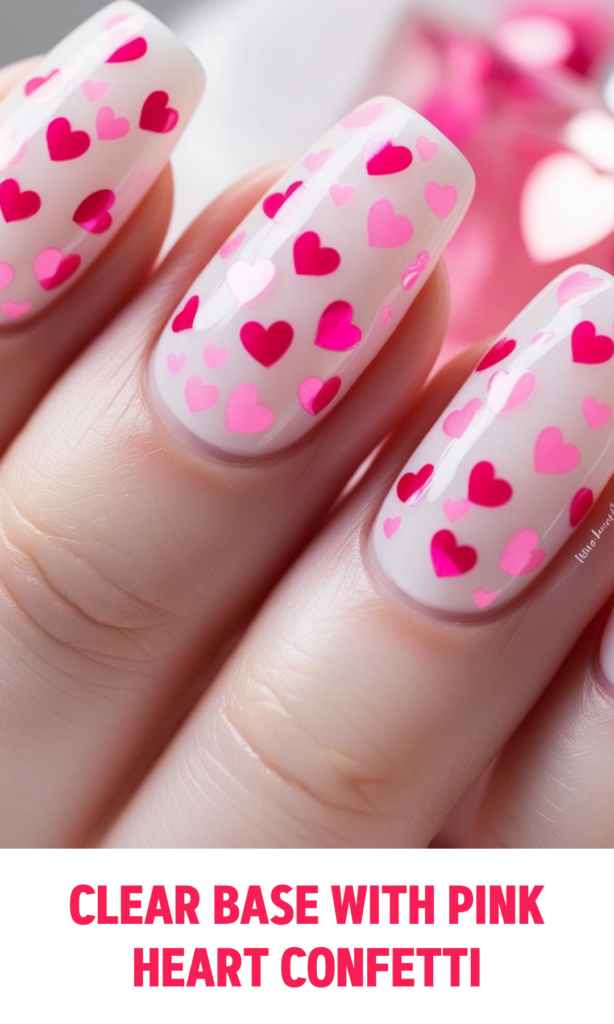 Clear Base Nails with Pink Heart Confetti