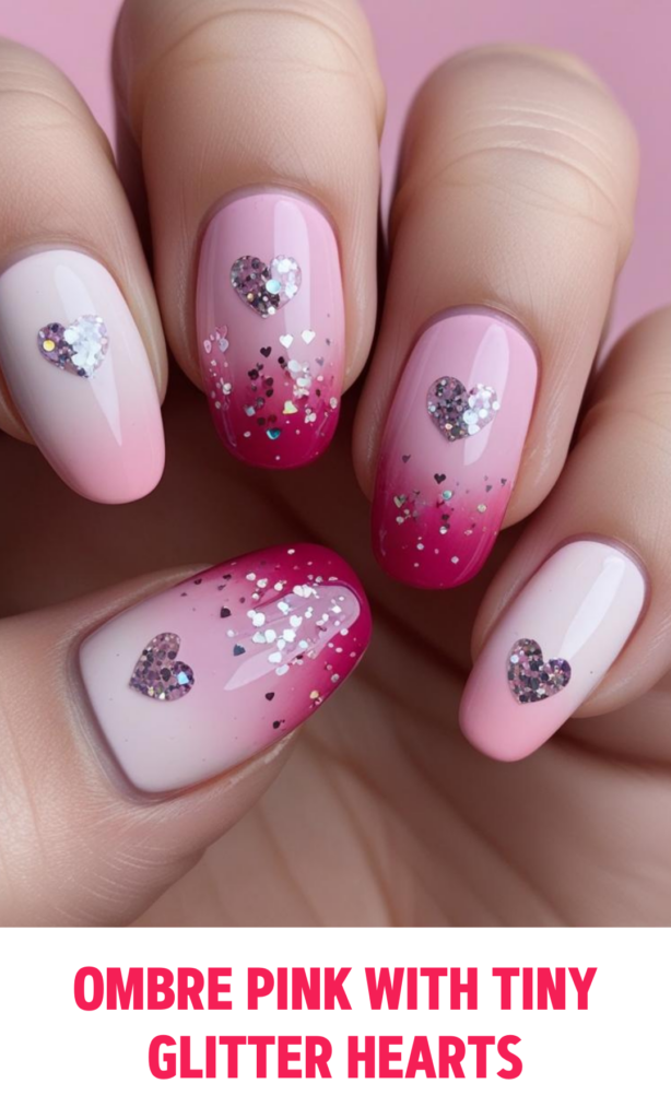 Ombre Pink Nails with Tiny Glitter Hearts