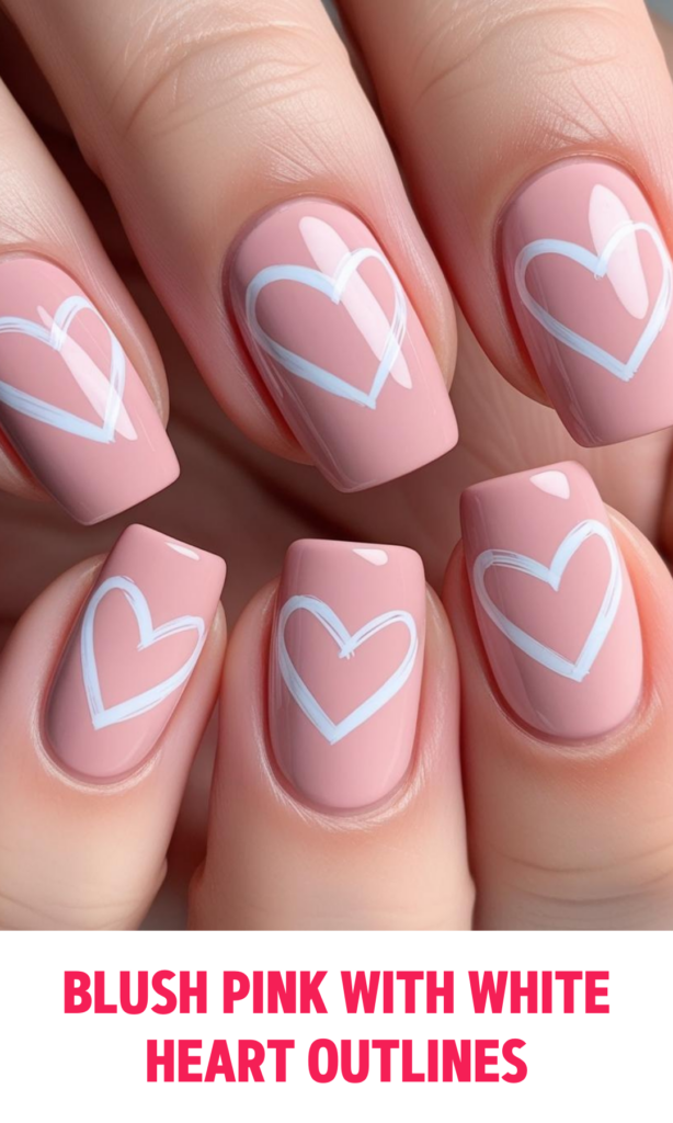 Blush Pink Nails with White Heart Outlines