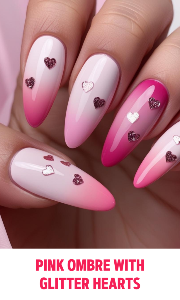 Pink Ombre Nails with Glitter Hearts