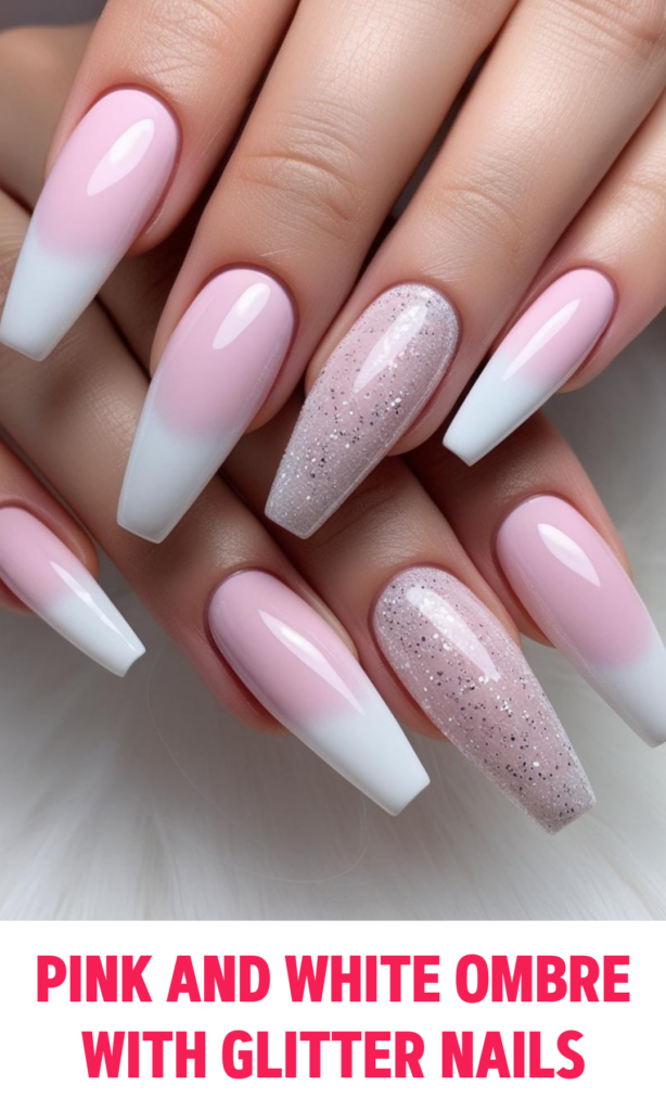 Pink and White Ombre with Glitter Nails