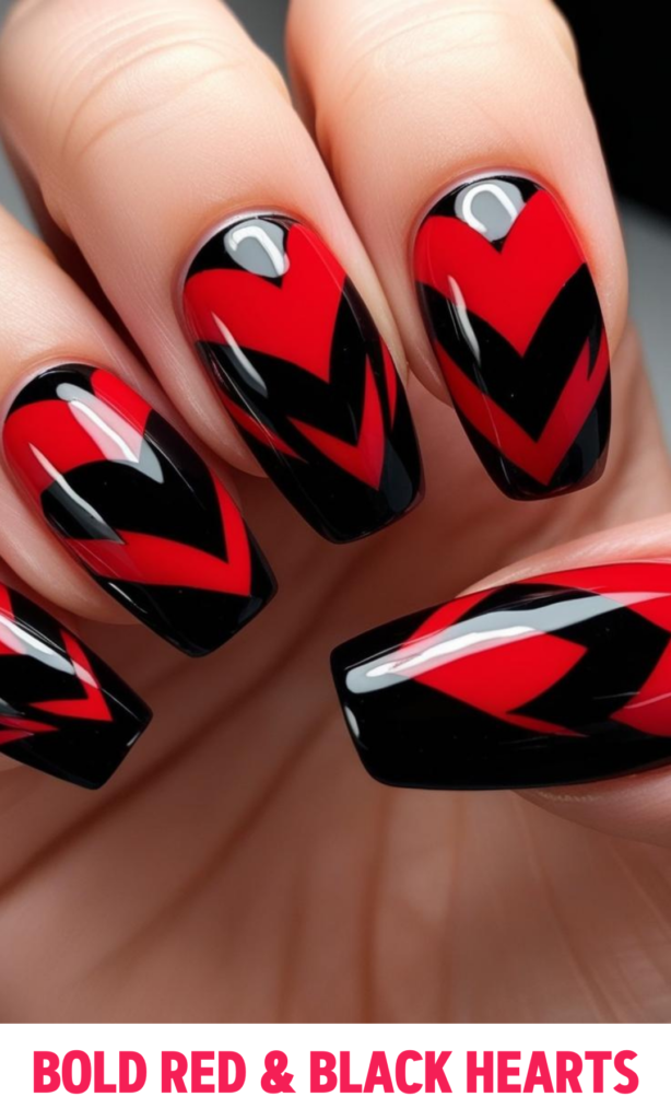 Bold Red and Black Hearts Nails