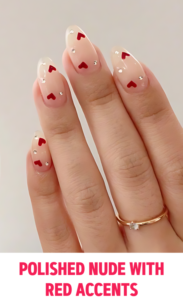 Polished Nude with Red Accents Nails