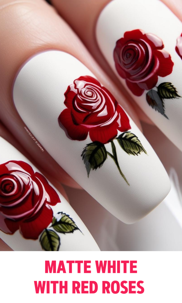 Matte White Nails with Red Roses