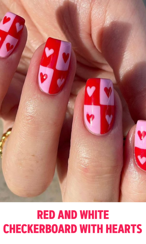 Red and White Checkerboard Nails  with Hearts