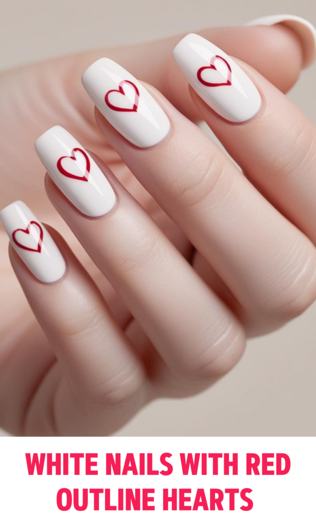 White Nails with Red Outline Hearts