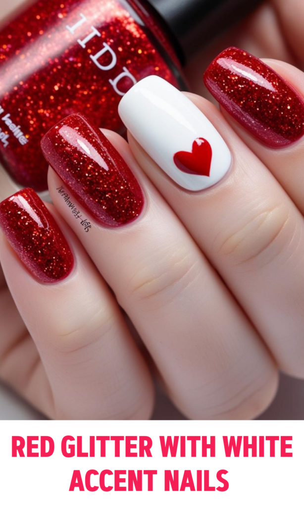 Red Glitter with White Accent Nails