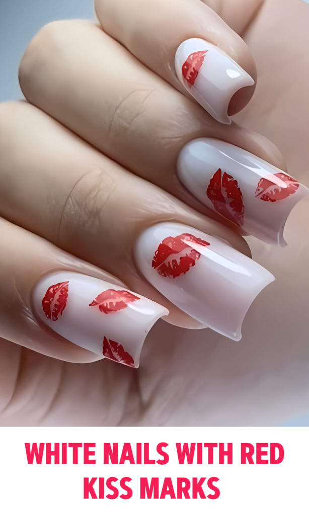 White Nails with Red Kiss Marks