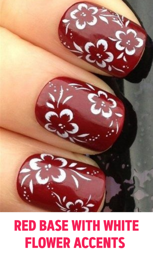 Red Base Nails  with White Flower Accents