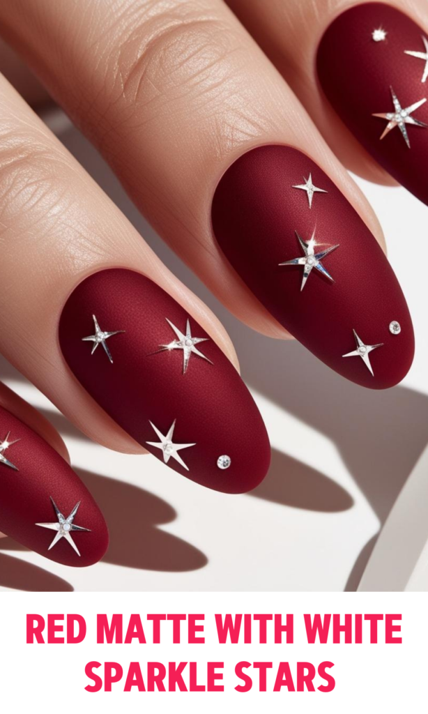 Red Matte Nails with White Sparkle Stars