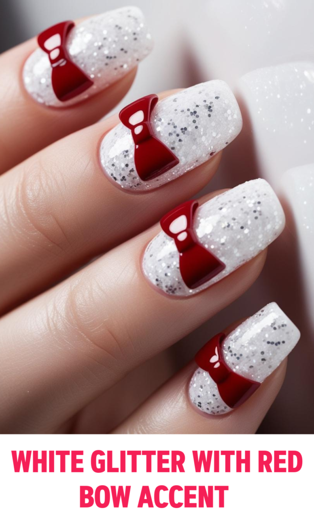 White Glitter Nails with Red Bow Accent