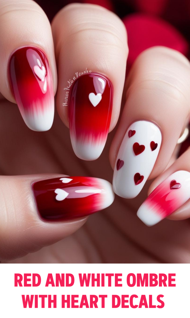 Red and White Ombre with Heart Decals Nails