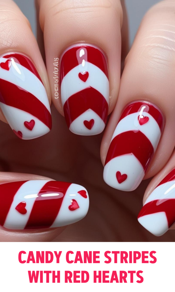 Candy Cane Stripes Nails with Red Hearts