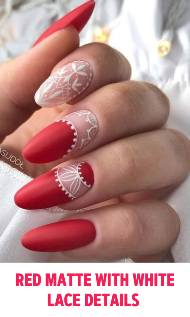 Red Matte Nails with White Lace Details