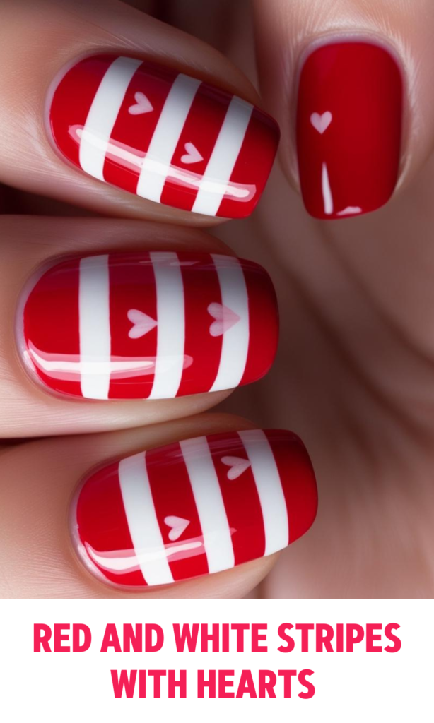 Red and White Stripes Nails with Hearts