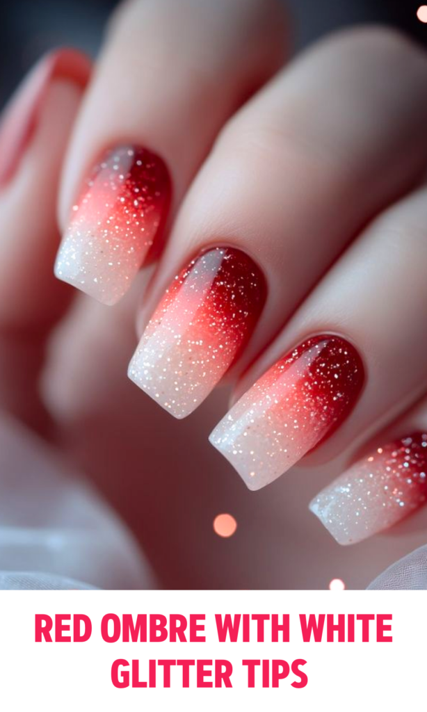 Red Ombre Nails with White Glitter Tips