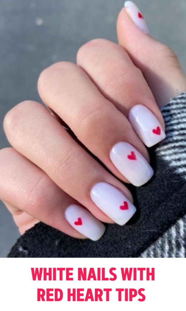 White Nails with Red Heart Tips