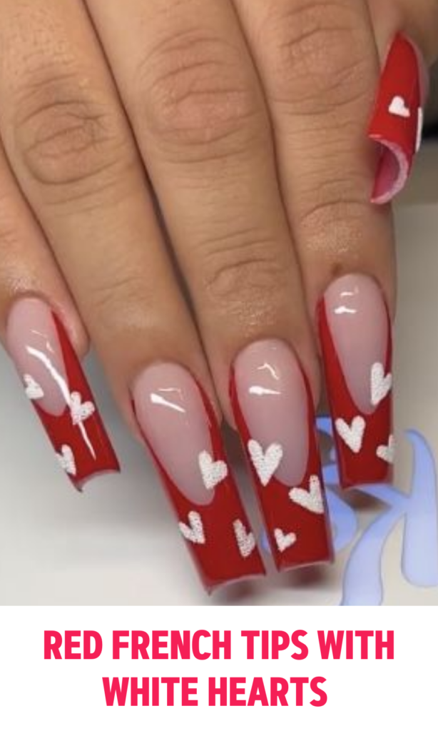 Red French Tips with White Hearts Nails