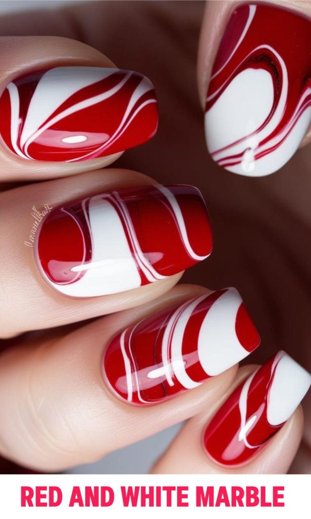 Red and White Marble Nails