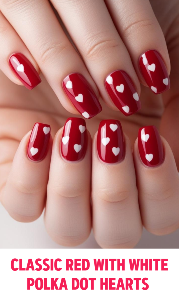 Classic Red Nails with White Polka Dot Hearts