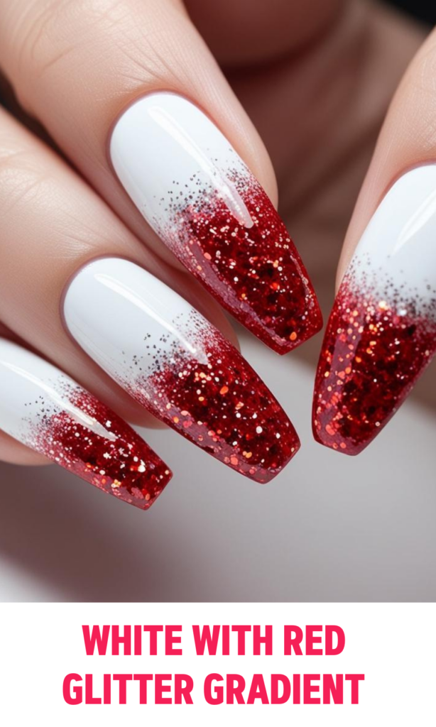 White Nails with Red Glitter Gradient