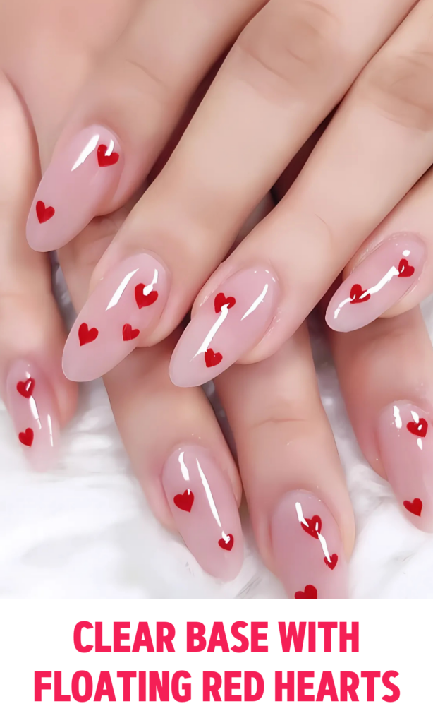 Clear nails with tiny red heart decals