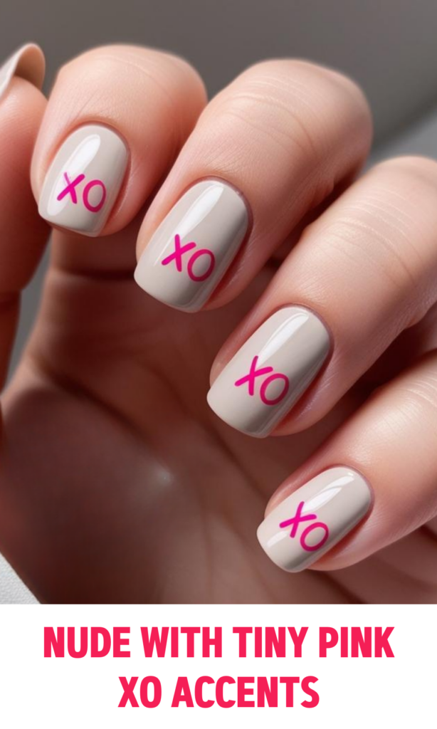 Nude nails with tiny pink XO accents scattered on each nail