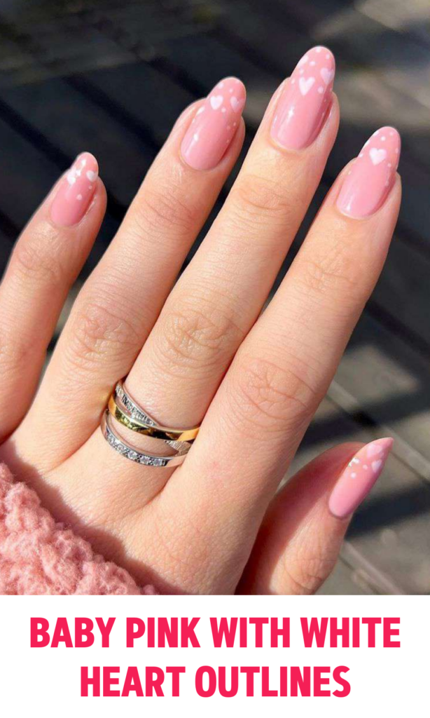 Baby pink nails with tiny white heart outlines